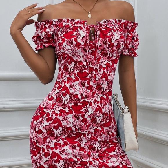 Boho Vibrant Blue Floral Print Off Shoulder Bodycon Dress - Picture 7 of 10